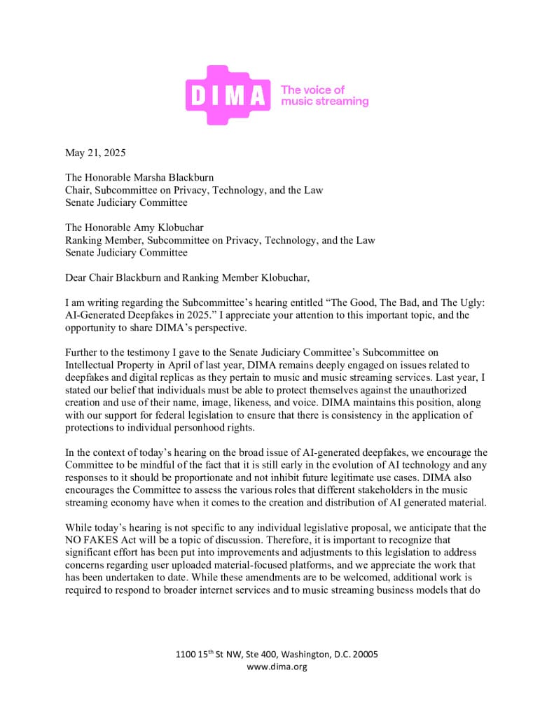 thumbnail of DIMA Written Testimony – SJC Hearing on AI Generated Deepfakes – 5.21.2(1)[25]